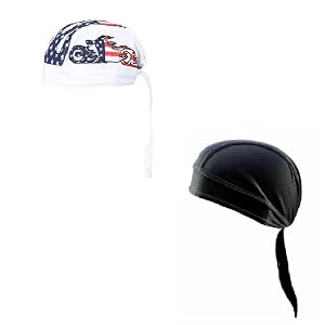 Generic Lot or Set of 2 American Flag Tribal Flame Chopper and Solid Black Moisture Wicking Headwrap Durag