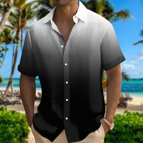 Mens Button Up Shirts Short Sleeve, Hawaiian Shirts Short Sleeve: Down Casual Gradient Print Summer Beach Shirts Tropical Resort Wear Dress Shirt Slim Fit Flannel (3XL, Black) - 1