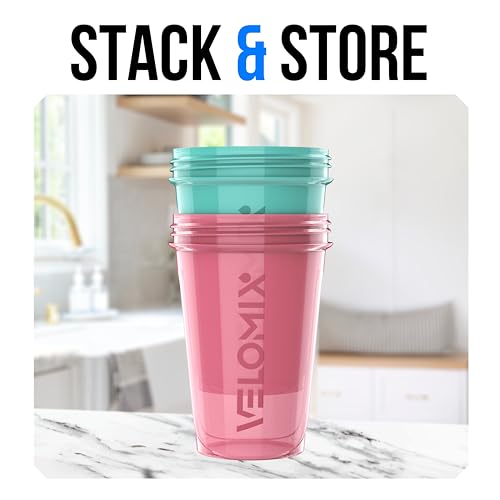 Image of VELOMIX -2 Pack- 20 oz Protein Shaker Bottles for Protein Mixes - 2x Wire Whisk | Leak Proof Shaker Cups for Protein Shakes and Pre Workout | Protein Shaker Bottle Pack (A4) Pink /Turquoise