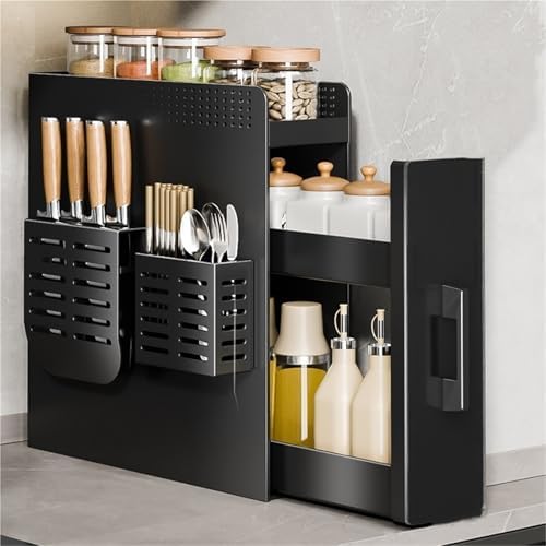 2-Tier Pull-Out Spice Rack Organizer - Narrow Kitchen Countertop Storage for Seasoning Bottles & Spices - Corner Storage Solution with 3 Tool Hooks