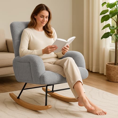 COMHOMA Nursery Rocking Chair, Teddy Upholstered Glider Rocking Chair with Side Pockets, Accent Chair with High Backrest Reading Chair for Adult, Nursery, Bedroom, Living Room,Offices(Grey) by COMHOMA - Image 5