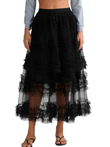 Women Long Tulle Tiered Skirt Fairy Skirt Tutu A-Line Sheer Mesh Layered High Elastic Waist Streetwear Skirts