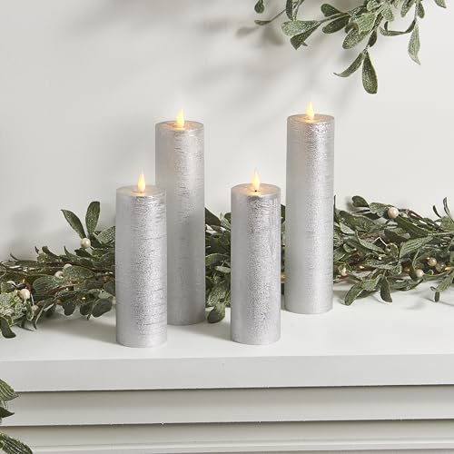 LampLust Flickering Flameless Candles, Set of 4 Silver Pillar Candles, Battery Operated, Romantic Candles, Great for Proposal Decorations, Wedding Centerpieces, Enchanted Forest Decorations by LampLust - Image 4