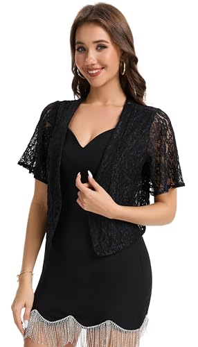 Image of Front Open Shrug for Evening Dresses Lightweight Lace Women Sheer Short Sleeve Tops Wedding Bridal Cardigan (Black,XL)