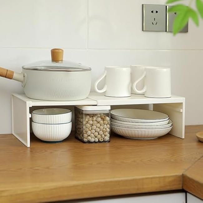 Cabinet Shelf Expandable Organizer Riser Storage Space Saver Stackable for Kitchen Pantry Cupboard Under Sink Countertop White Simple Houseware Counter (white)