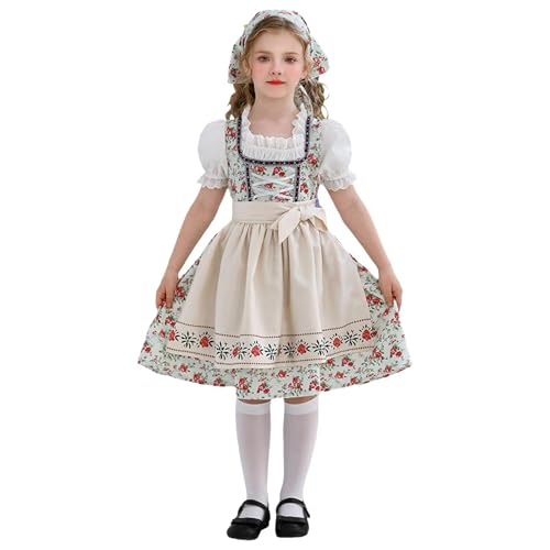 Xbemkste Robe Dirndl allemande pour enfant fille - Pour fête de la bière bavaroise - Robe florale - Costume de fête de la bière - 3 pièces - Tenue de cosplay pour Halloween, fête, carnaval, Blanc., 11