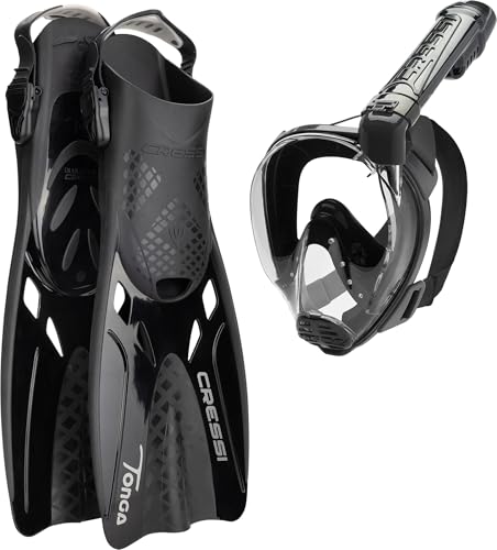 CRESSI Tonga Set Black/Black L/XL - Set Pinne Tonga Leggere Corte Regolabili Scarpetta Aperta+Maschera Integrale Baron Ampia Visuale, Ideali per Snorkeling, Nuoto, Nero/Nero, L/XL (42/47), Adulti
