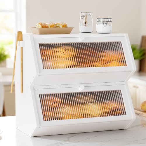 WOWLIVE Double Layer Bamboo Bread Box for Kitchen Countertop - Extra Large Storage Container for Homemade Breads and Pastries (White)