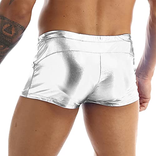 Msemis Men's Sexy Metallic Wetlook Drawstring Boxer Shorts Swim Trunks Punk Underwear Underpants Silver Medium #TOP4