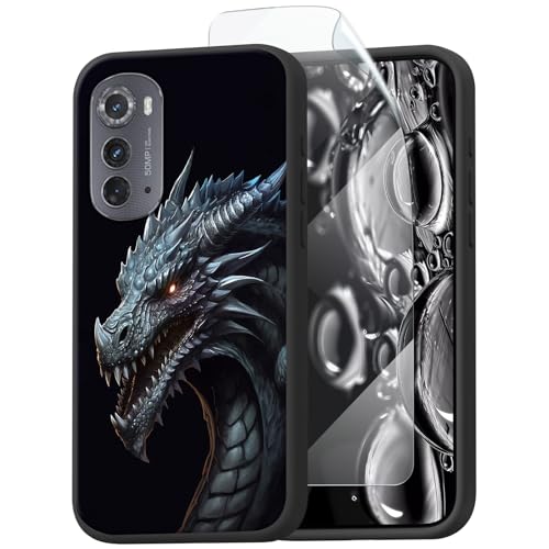 ACWDMKH for Motorola Edge 2022 Case,for Moto Edge 2022 5G UW Case with Screen Protector Slim TPU Silicone Shockproof,Scratch-Resistant,Wireless Charging,Heavy Duty Cover,Black Dragon