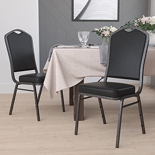 BizChair 4 Pack Crown Back Stacking Banquet Chair in Black Vinyl - Silver Vein Frame
