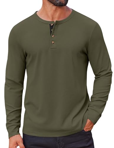 COOFANDY Mens Henley Long Sleeve Waffle Shirts Lightweight Casual Basic T-Shirts, Army Green