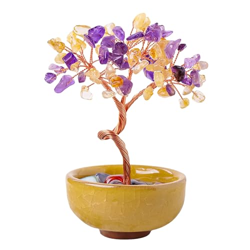 Zamety Piedras chakras Feng Shui, decoración de cristales curativos, árbol de la vida espiritual, citrino, amatista, bonsái, piedras preciosas, árbol de cristal, decoración del hogar