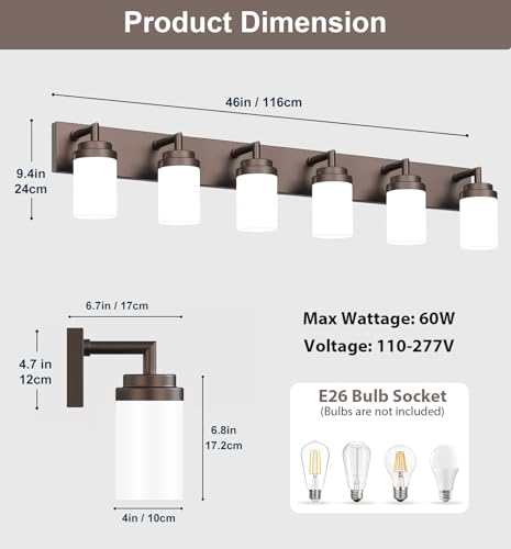 Image of Bathroom Light Fixtures, Oil Rubbed Bronze Bathroom Lighting Fixtures Over Mirror, Modern Vanity Light with White Glass Shade, Restroom Lighting Fixtures, 6-Light 46-inch