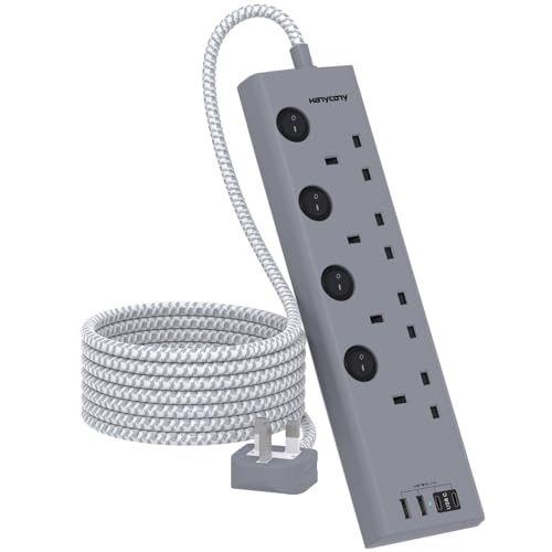 Extension Lead with 4 USB Slots(2 USB C), HANYCONY 4 Way Plug Extension Socket with Individual Switches, 1.8M Extension Cable, Wall Mount, Gray Desk Power Strip for Bedroom Office Accessories