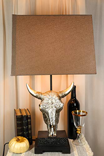 Ebros 26" H Rustic Southwest Vintage Silver Metallic Horned Steer Bison Bull Cow With Scroll Lace Skull Head Side Table Lamp Desktop Light With Fabric Shade Centerpiece Skulls Western Accent Lighting #TOP6