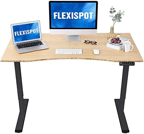 FLEXISPOT EN1 Bamboo Standing Desk Ergonomic Sit Stand Up Desk 55 x 28 Inches Whole-Piece Curved Natural Bamboo Desktop Adjustable Home Office Desk（Black Frame + 55" Bamboo Top, 2 Packages）