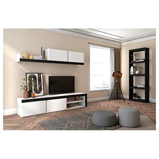 Skraut Home | Conjunto de Salón Modular IDEM y Estantería Totem| Mueble TV | Muebles de Salón Color Blanco/Negro | Biblioteca Color Negro | 200x40x180cm / 60x25x181cm