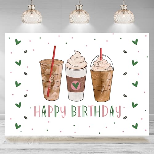 Rsuuinu Happy Birthday Photography Backdrop 7x5ft Coffee Theme Birthday Background Party Decoration Supplies Pictures Favors Cake Table Banner Photo Booth Studio Props
