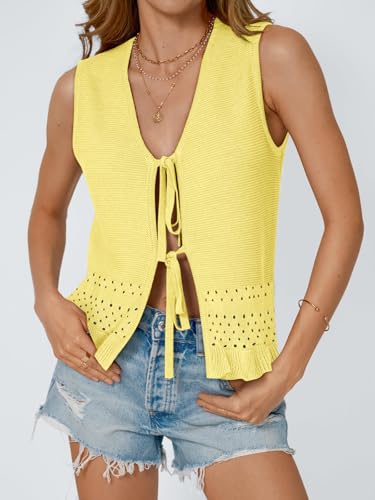 COCCKO Womens Crochet Tops Tie Front Tops Sleeveless Ruffle Eyelet Beach Fashion Summer Casual Cute Sweater Vests Yellow — view 2