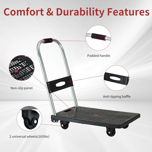Push Cart Dolly - Lightweight Foldable Flatbed Platform Cart with 360 - Degree Rotating Wheels for Moving in Food Truck and Trailer, 165 lbs Load Capacity, Black by DIAMONDFORGE - Image 4