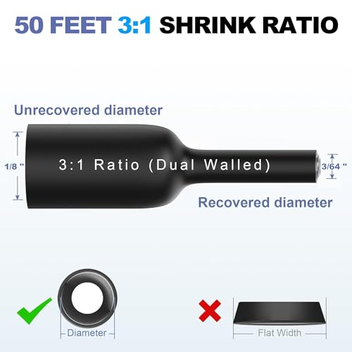 Qibaok Heat Shrink Tubing - 3:1 Ratio Adhesive Lined - Marine Grade Shrink Wrap Tubing - Industrial Heat Shrink Tube Electrical- 1/8\" Black - 50 Feet Roll