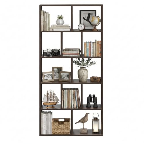 Image of FURNEASER Hallen Multi-Compartment Wooden Bookshelf with 5-Tier Storage � Modern Display Rack for Home & Office | Space-Saving Vertical Bookcase � 159 x 60 x 25 cm (Wenge Finish)