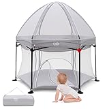 COSTWAY Parc Bébé Hexagonal Pliable à un Bouton avec Auvent Amovible,Matelas Moelleux sans BPA 134 x 132 x 132 cm Parc d'Activités pour Enfants Noir/Gris (Gris)