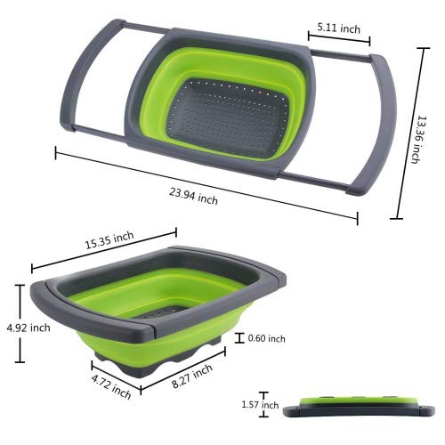 Over-The-Sink Collapsible Colander, Food-Grade-Silicone Kitchen Strainer With Extendable Handles ,Space-Saver，Folding Strainer For Kitchen，6-Quart Capacity, Dishwasher-Safe，Bpa Free (Green&Grey) #TOP3