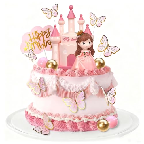 Decoration Gateau Anniversaire Fille, 19 PCS Décoration de Gâteau de Boule de Princesse, Papillon de Château Figurine et de Fille Deco Gateau Anniversaire, pour les Fêtes de Naissance