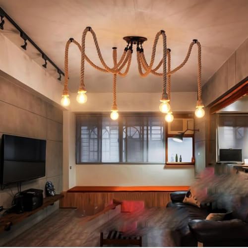 Lustre suspension rétro industriel 6 ampoules avec cordes de chanvre et métal