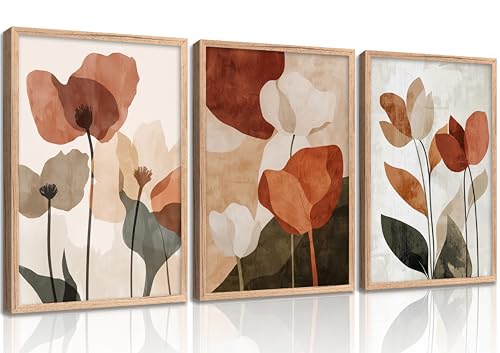 3Pcs Boho Floral Wall Art Neutral Flower Canvas Wall Decor, Abstract Botanical Floral Art Picture Beige Brown Plant Print Posters for Living Room Bedroom Kitchen Home Decor, (Framed)