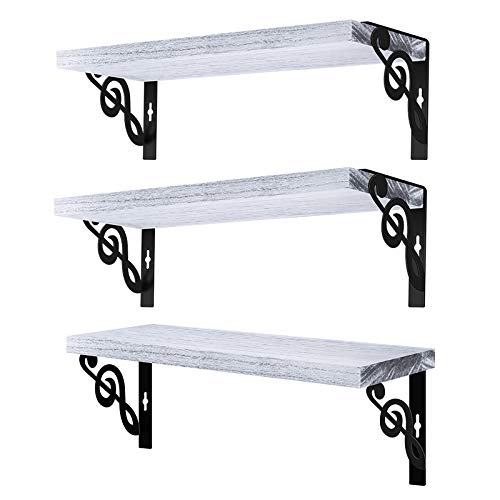 Floating Wall Shelves Set of 3, 16-Inch Solid Wood Floating Shelves Cat Climbing, Wall Mounted Shelf Organizer for Living Room, Bedroom, Kitchen, Bathroom, Office (Gray-White)