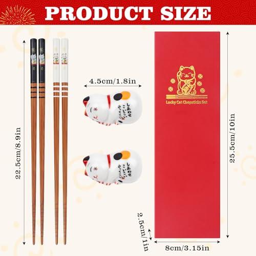 Japanese Natural Bamboo Chopsticks: 2 Pairs Chopstick with 2 Ceramic Cat Chopstick Rest, Reusable, Gift Box Packaging, for Asian Dishes Sushi Rice Noodles - Image 3