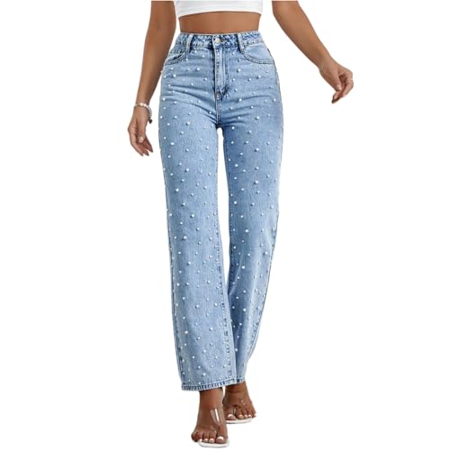 Women's Straight Leg Jeans Tummy Control Baggy High Waisted Boyfriend Jeans Casual Denim Pants Trousers with Pearls2