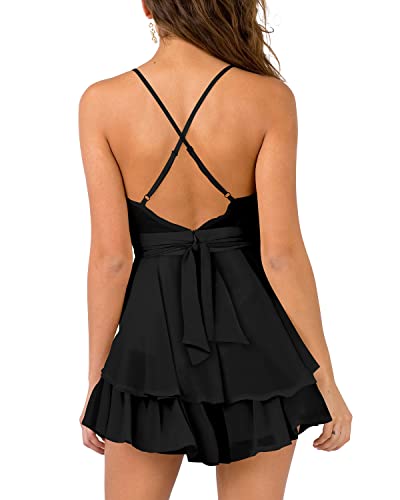 Hocuos Women's Dress Sexy V-Neck Adjustable Spaghetti Strap Waist Tie Sleeveless Layer Ruffle Hem A Line Mini Dress-Black-Medium #TOP3