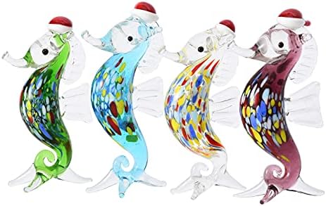 DITMOGF Set 4 Hand Blown Glass Hippocampus Figurines Miniature Animals Art Glass Collection, Handmade Glass Seahorse Collectible Christmas Home Decor