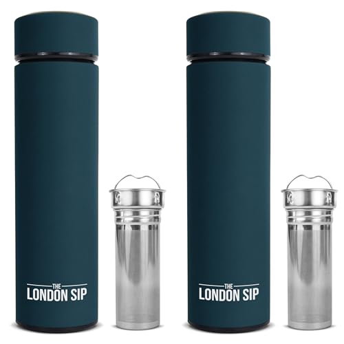 London Sip Multi-Purpose Travel Mug and Tumbler Fruit Infused Flask Hot and Cold Double Wall Stainless Steel Thermos with Extra-Long Infuser, Midnight Teal, Pack of 2