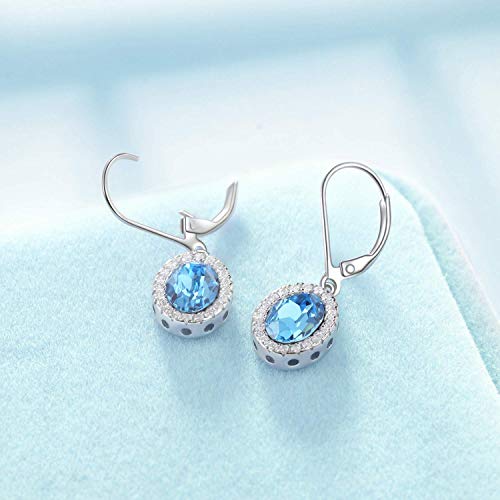 Aoboco Halo Earrings Sterling Silver Leverback Earrings With Simulated Aquamarine March Birthstone Crystal From Austria, Hypoallergenic Simulated Aquamarine Jewelry Earrings Gifts For Women #TOP1