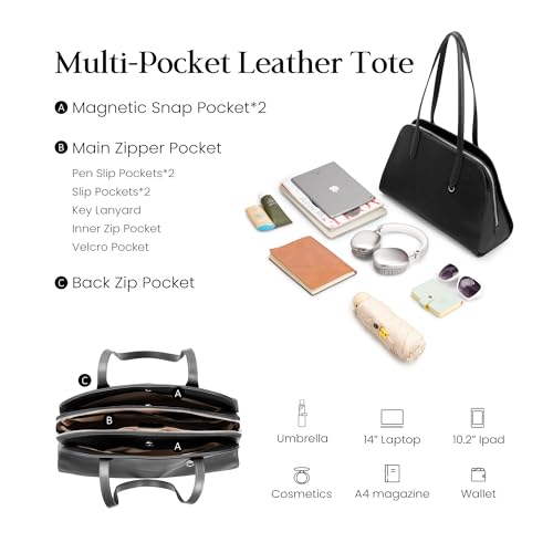 Image of befen Genuine Leather Tote Bag for Women Work Travel Leather Purse Handbags | Real Leather, Padded 14 inch Laptop Compartment, Multi-Pockets, Zipper, Tote Bag for Daily