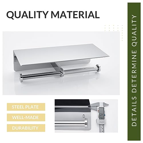 Double Toilet Paper Holder with Shelf Polished Chrome, APLusee SUS304 Stainless Steel Contemporary Bathroom Tissue Roll Holder Cell Phone Storage Rack - Thumbnail 7