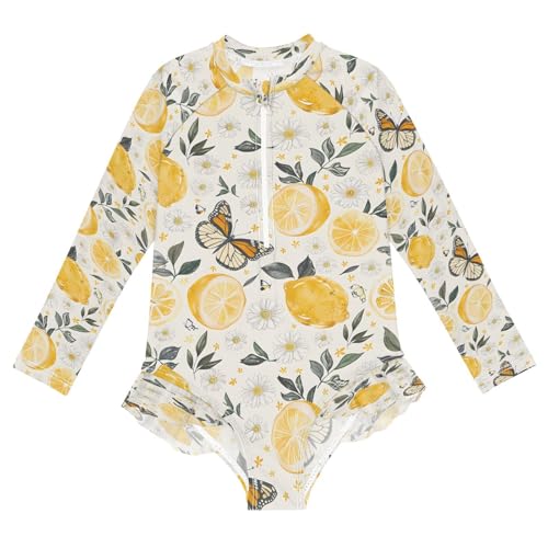 Lemon Flowers and Butterflies Girls Long Sleeve Swimsuits One Piece Zipper Bathing Suit UPF 50+ Rashguard Swimwear