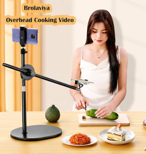 Image of BROLAVIYA Overhead Video Floor Stand, Premium Metal Body, 1 /4 inch Head for Webcam,Gopro, 360 Rotation with Mobile Bracket for YouTube, TikTok, Desktop, Bedroom, Cooking and Recording. Black