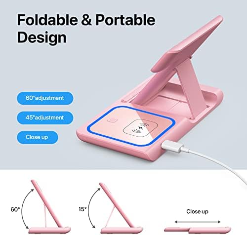 Wireless Charging Station, 3 in 1 Wireless Charger Stand, Fast Wireless Charging Dock for iPhone13/12/11/Pro/X/Max/XS/XR/8/Plus, Apple Watch7/6/5/4/3/2/SE, Airpods 3/2/Pro(Pink)
