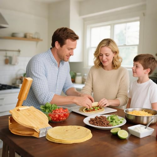 Image of Wooden Quesadilla Maker - Tortilla Press 10 Inch with 50 Parchment Paper & Dough Cutter, Bamboo Prensa para Tortillas Mexican Aplastador de Tortillera Press for Burritos, Taco, Roti, Corn Tortillas