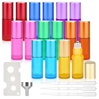 Maxmoc 16 Stück Roll on Glasflaschen für Ätherisches Öl, 5ml Roll on Flasche Leer mit Edelstahl-Ball, Bunt Rollon Flaschen mit Öffner, Tropfer, Trichter für Ätherische Öle, Parfüm, Massage