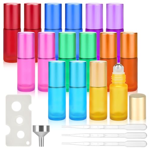 Maxmoc 16 botellas de cristal Roll on para aceite esencial, botella vacía de 5 ml con bola de acero inoxidable, botellas Rollon multicolor con abridor, gotero, embudo para aceites esenciales, perfume