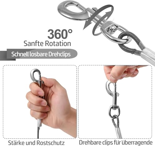 Mi Metty Tie-Out Leinen für Hunde,3/6/9/15m Kausichere Hundeleinen,Tie Out Cables Hofleine Für mittlere bis große Hunde (Dark Grey, 50ft(15M))