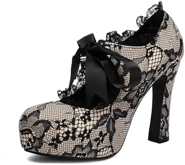 Elerhythm Women's Lace Flower Mary Jane Punk Closed Toe Prom Costume Elegantes Gothic Pumps Vintage Sweet Platform High Heels Shoes