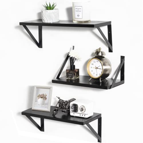 HFHOME Étagère murale flottante en bois avec porte-serviettes, étagère de rangement rustique, 3 pièces Noir Cover